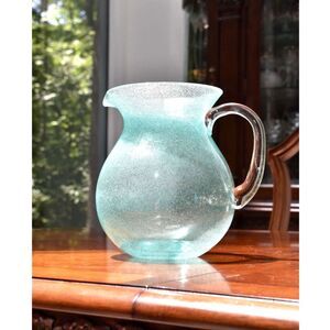 Teal Turquoise Art Glass Pitcher Controlled Bubble Texture Shoreline Collection
